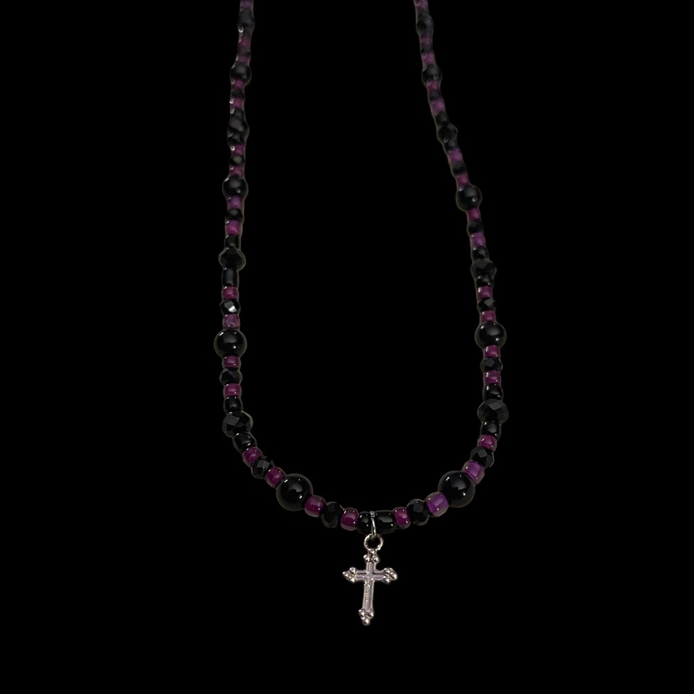 Black and Purple Beaded Necklace with Cross Pendant